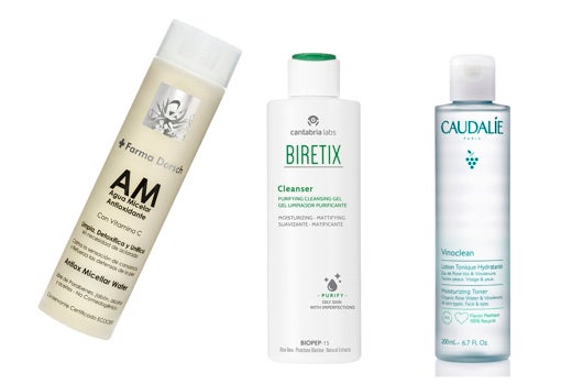 From left to right: Antioxidant micellar water with vitamin C from Farma Dorsch (€ 21.50); Purifying cleansing gel for oily skin Biretix Cleanser from Cantabria Labs (€ 15.35); Caudalie Vinoclean Alcohol-Free Moisturizing Toner (€ 15.50).