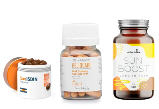 From left to right: SunIsdin solar capsules from Isdin (€ 27.95);  Heliocare Oral Capsules from Cantabria Labs (€ 34.14);  Naturadika Sun Boost Summer Skin Oral Capsules (€ 24.95).