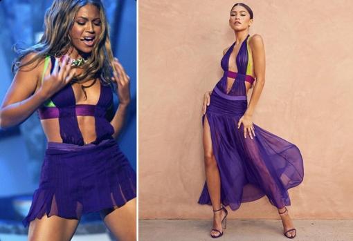 Beyonce at the 2003 BET Awards and Zendaya in the same dress in 2021