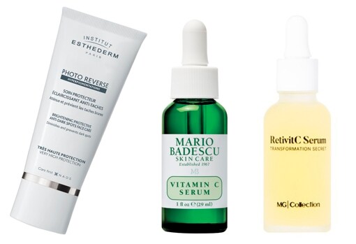From left to right: Photo Reverse anti-stain sunscreen from Institut Esthederm (€ 68);  Mario Badescu Vitamin C Serum (€ 51.99, at Sephora);  RetivitC Serum, Transformation Secret from MG Collection with vitamins and encapsulated retinol (€ 120).