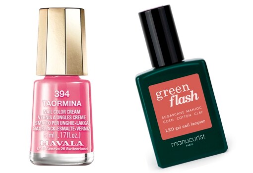 From left to right: Taormina enamel in raspberry pink from the Mavala pastel party collection (€ 7.10);  Manucurist Green Flash semi-permanent peach nail polish (€ 19).