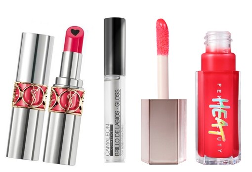 From left to right: Yves Saint Laurent Rouge Volupté Shine Plump In Color Lipstick ($38.99);  Camaleon Cosmetics Gloss lip gloss (€6.95);  Fenty Beauty Gloss Bomb Heat Unviersal Lip Luminizer + Plumper lip gloss ($22.99 at Sephora).