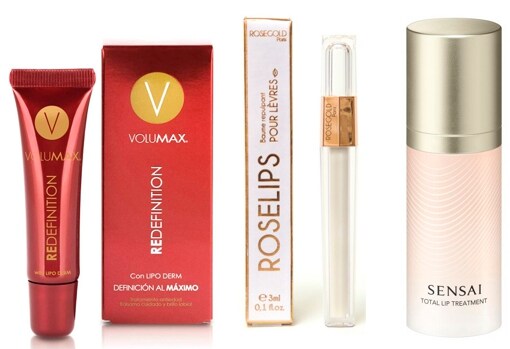 From left to right: Volumax Redefinition anti-aging and plumping lip balm from Phergal Laboratories (€13.46);  Rosegold Paris Roselips Volumizing Lip Balm (€27.90);  Intensive anti-aging treatment for the lips and their contour Total Lip Treatment by Sensai (€116).