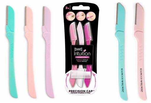 From left to right: Primark dermaplaning 3-tool pack (€2.50);  Wilkinson Intuition Perfect Finish blades (€2.95, at Druni);  Hollywood Browzer duo Pastel Pink &  Turquoise (€16.95 at Lookfantastic).