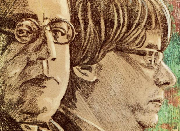 Ilustración en la que pueden verse al Manuel Azaña (izquierda), presidente del Gobierno durante la Segunda República fallecido en 1940, junto al actual presidente de la Generalitat, Carles Puigdemont
