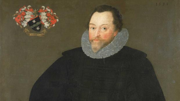 Retrato de Francis Drake, junto a su escudo de armas
