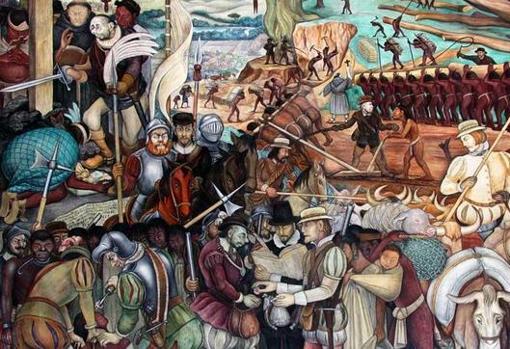 Mural de Diego Rivera sobre la Conquista de México. Palacio Nacional de la Ciudad de México