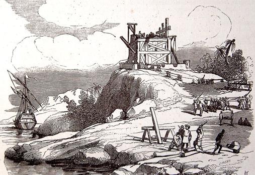 Construcción de La Navidad en un grabado realizado para edición de 1851 de Gaspar y Roig