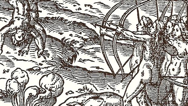 «Como las amazonas tratan a quienes capturan»: Litografía del libro de André Thevet sobre la colonización francesa de Brasil.