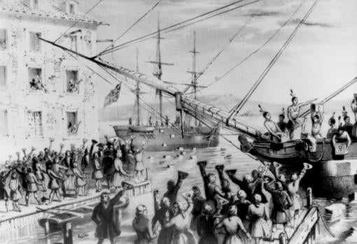 Litografía de 1846 sque representa la imagen clásica del motín del té en Boston