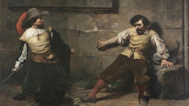 Representa el momento en que uno de los combatientes cae mortalmente herido, en un lance del siglo XVII