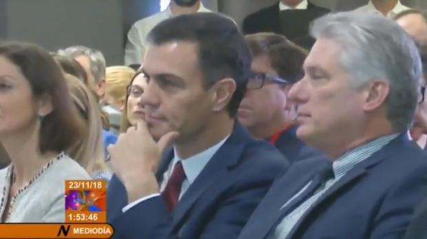 Pedro Sánchez y Miguel Díaz-Canel, en una imagen del Noticiero de la Televisión Cubana
