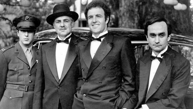 Al Pacino, Marlon Brando, James Caan y John Cazale en el rodaje de El padrino de 1972