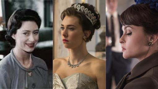 Margarita del Reino Unido (izquierda), Vanessa Kirby (centro) y Helena Bonham Carter (derecha)