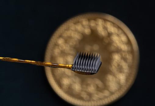 Two sets of microelectrodes, each 3.2 mm square, were inserted into the surface of the motor cortex, the part of the brain responsible for movement.  Each array has 64 needle-shaped electrodes that record neural signals.