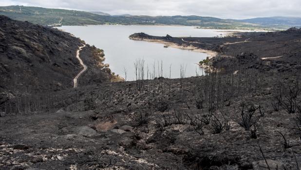 En la imagen, vista del embalse de Salas y de superficie calcinada en el incendio forestal de Entrimo, en Orense, que es, en este momento, el de mayor envergadura de los registrados en Galicia, con 2.800 hectáreas arrasadas, y se mantiene como medida preventiva la situación dos, por su proximidad a las viviendas