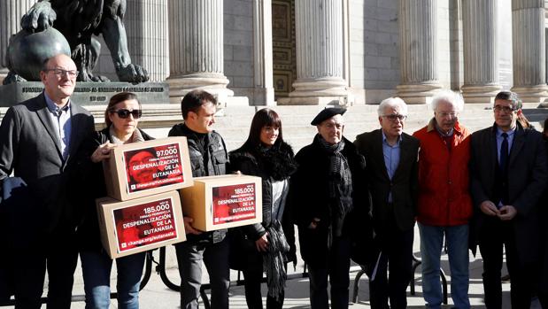 Familiares de enferemos que apoyan la eutanasia entregaron ayer firmas en el Cogreso, apoyados por los diputados socialistas Patxi López y Jesús María Fernández