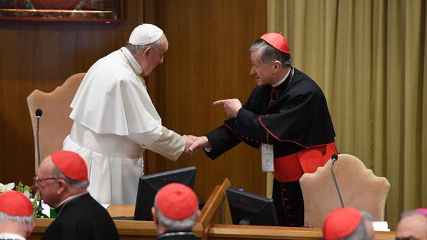 Francisco saluda al cardena arzobispo de Chicago, Blase Cupich, durante la cumbre antipederastia
