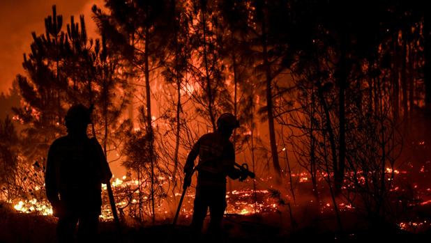 Bomberos intentan apagar las llamas en la localidad de Cardigos, en el centro de Portugal